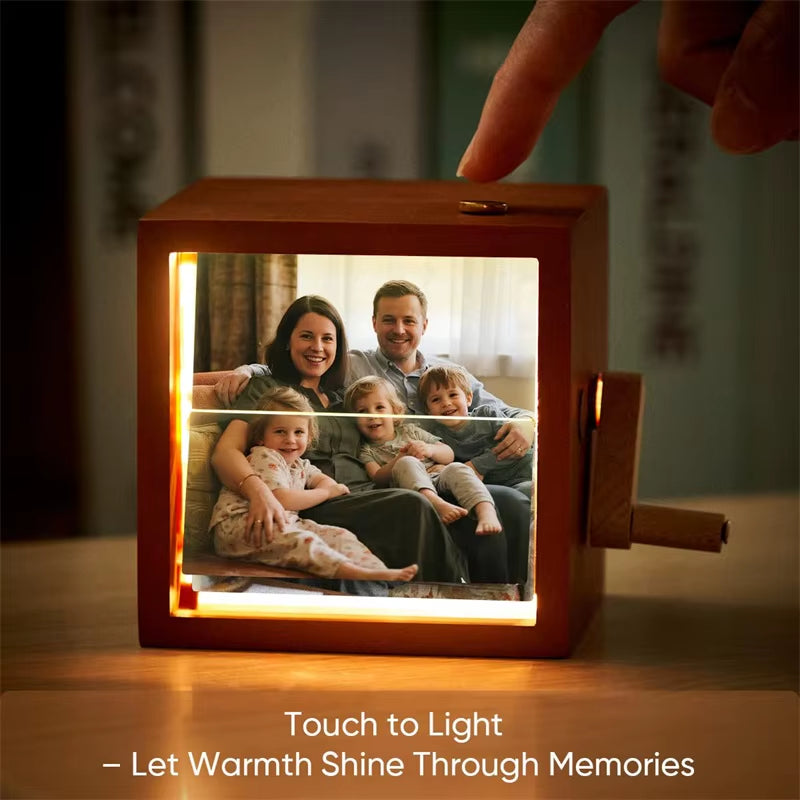Custom Photo Flip Book Frame Photo Animation Box Hand-Cranked Photo Album Wooden Rotating Memory Box with Light Gift