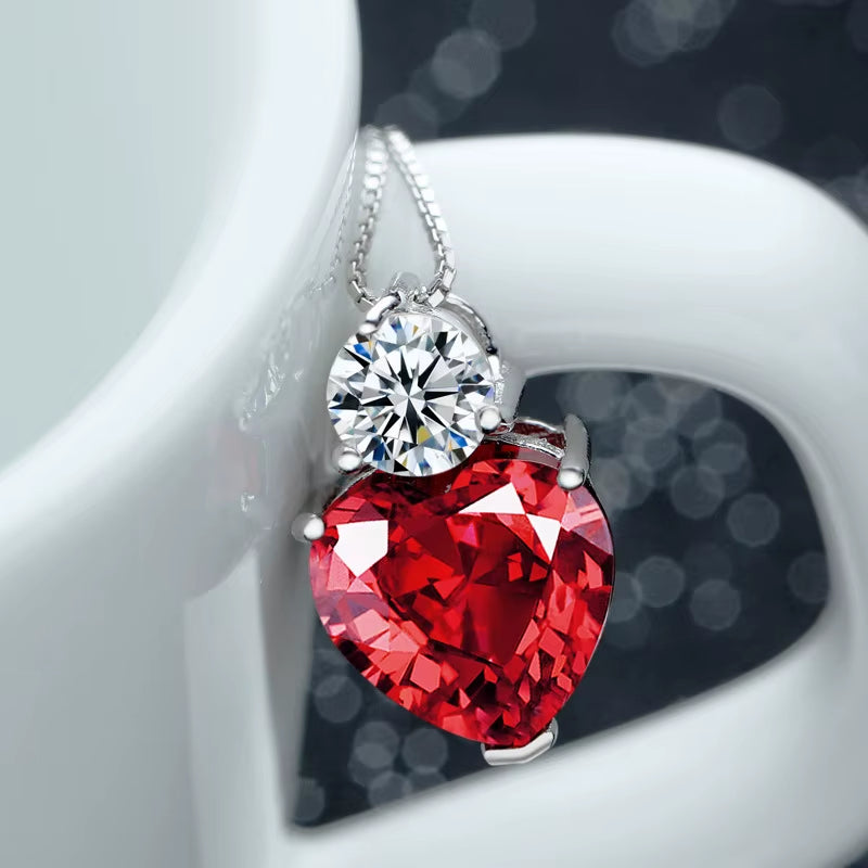 Women Jewelry 925 Sterling Silver Shine Red AAA Zircon Heart Pendant Necklaces Fine Gift Wedding Love Rhinestone CZ Charm Choker
