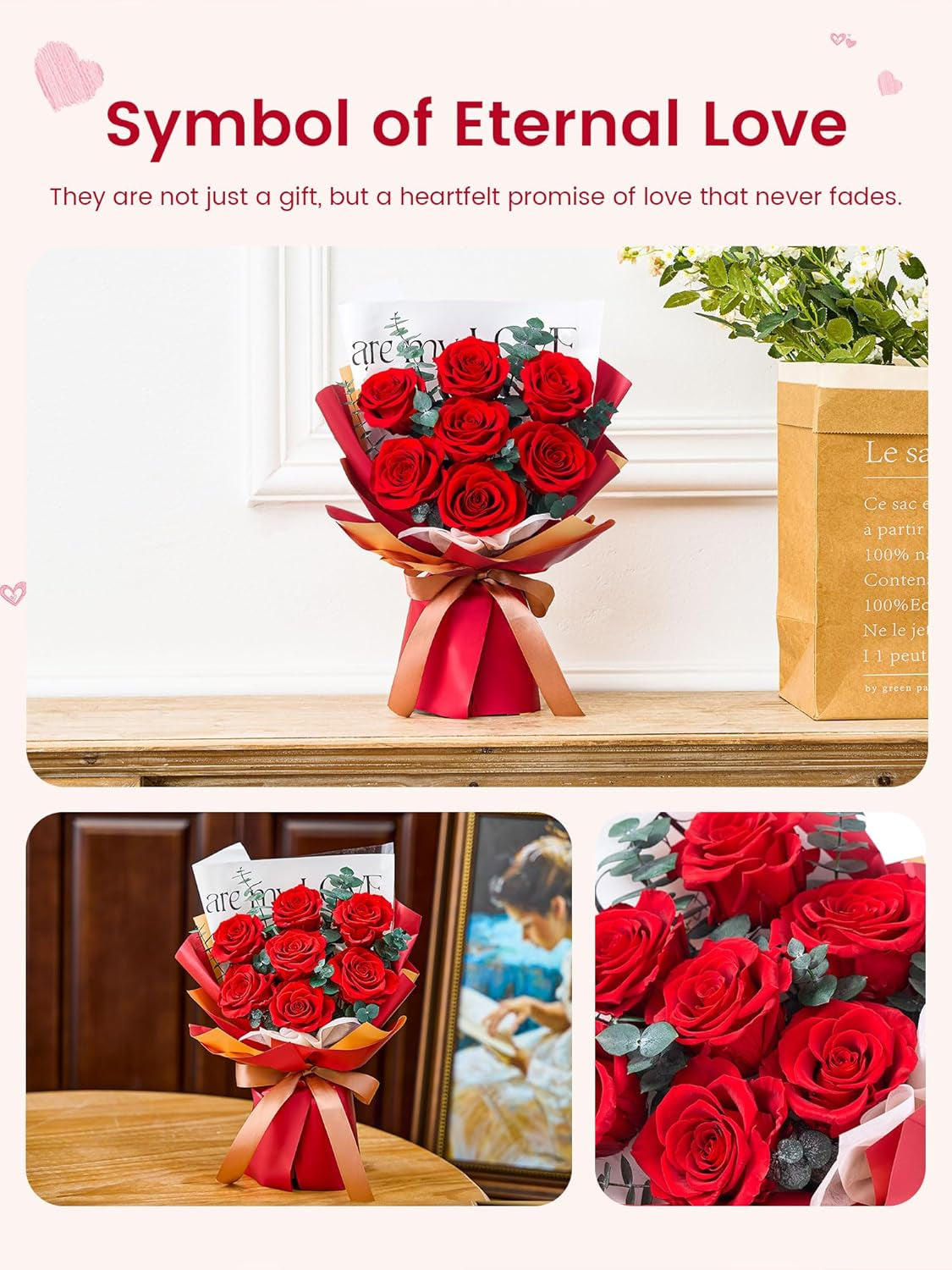Roses Bouquet 7-Piece Forever Flowers Bouquet Gift for Her Women Wife Mothers Anniversary Birthday Wedding (Red Roses)