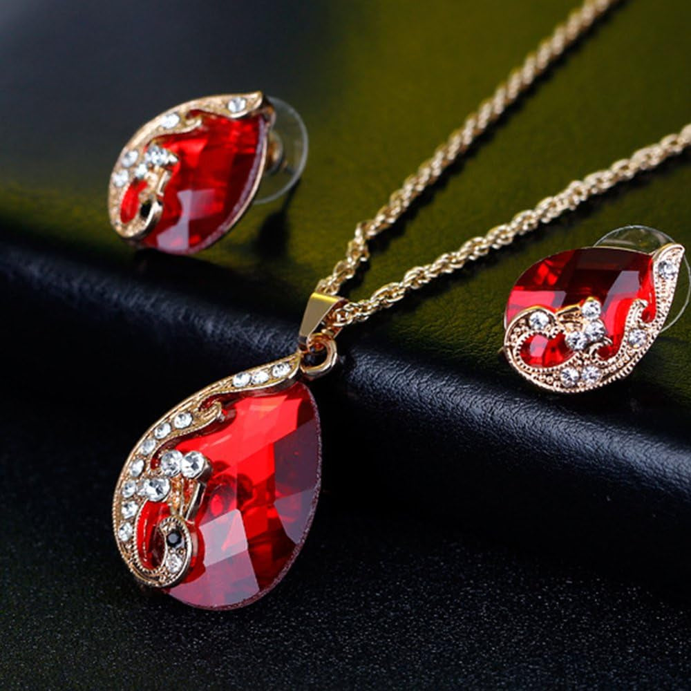Women'S Gold Plated Teardrop Crystal Necklace, Rings and Earrings Jewelry Set (Red)