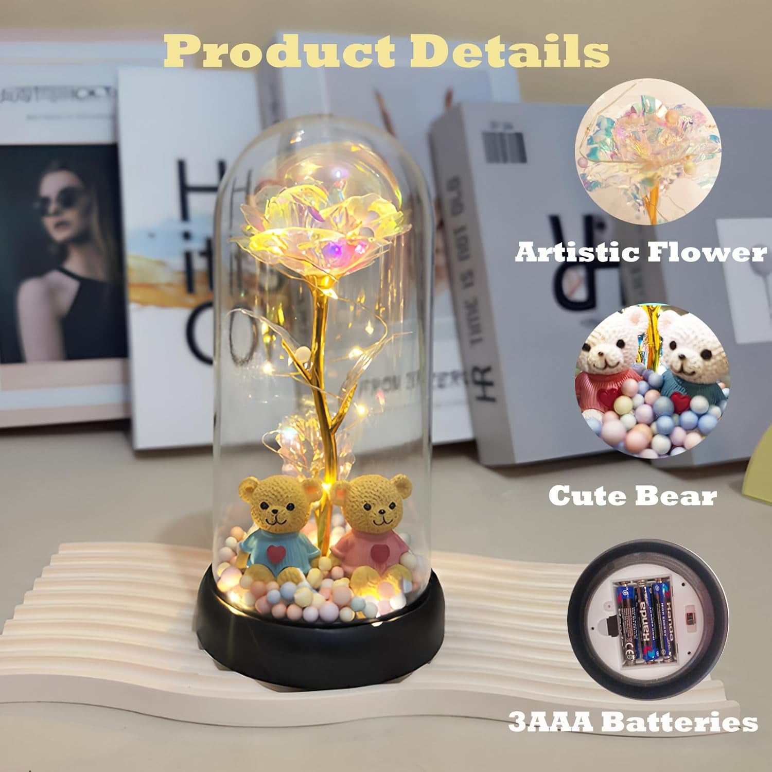 Roses Gifts for Her,Cute Bear Light up Rose in a Glass Dome,Christmas Rose Gifts for Her Mom Women Wife Girl Grandma on Christmas Anniversary Valentines (Golden)