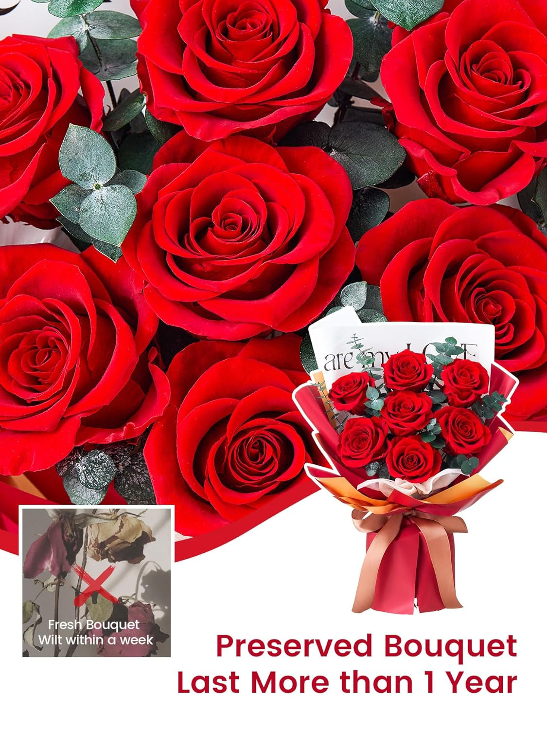 Roses Bouquet 7-Piece Forever Flowers Bouquet Gift for Her Women Wife Mothers Anniversary Birthday Wedding (Red Roses)