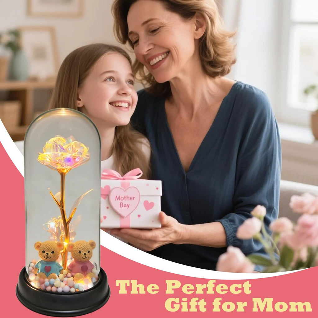 Roses Gifts for Her,Cute Bear Light up Rose in a Glass Dome,Christmas Rose Gifts for Her Mom Women Wife Girl Grandma on Christmas Anniversary Valentines (Golden)
