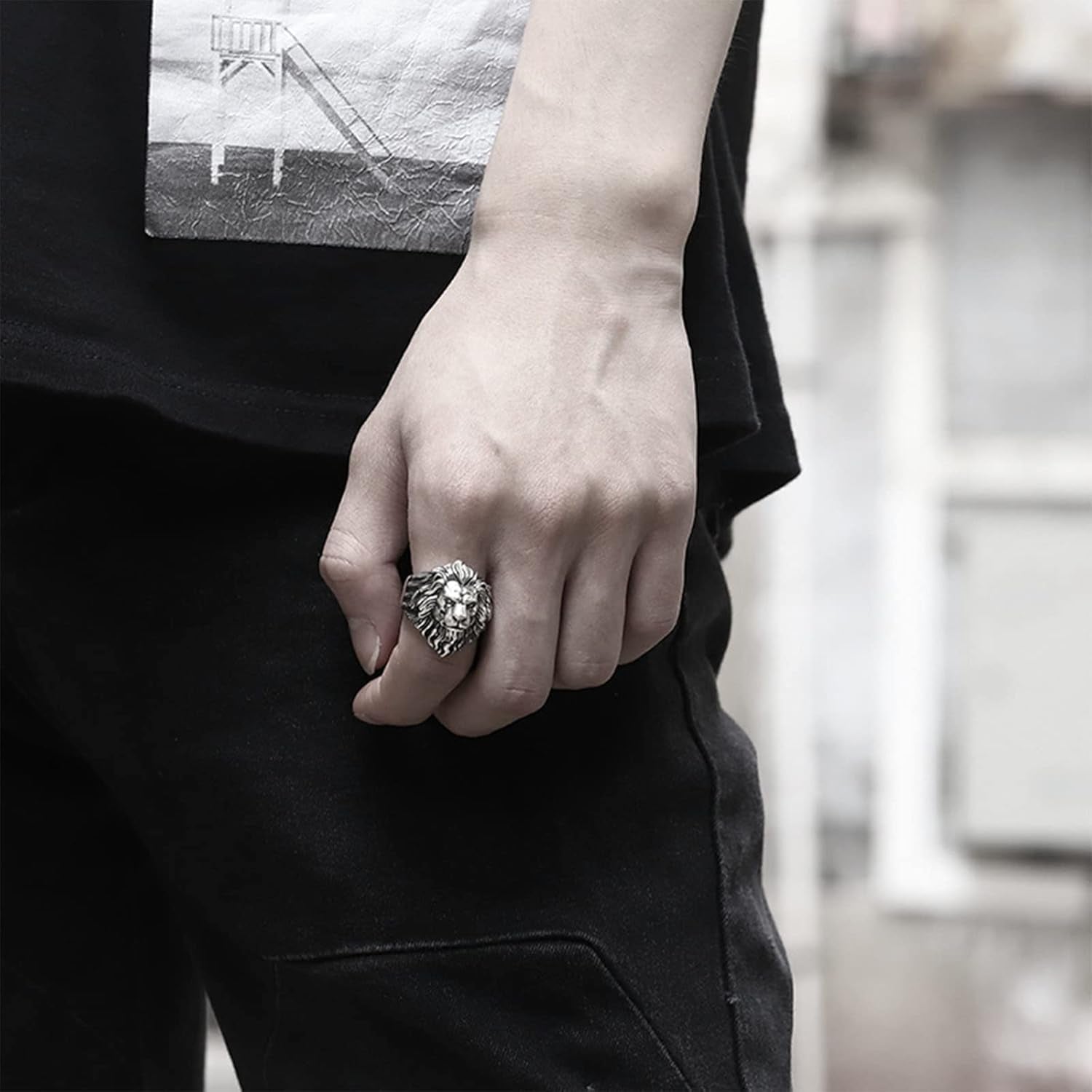 Lion Ring for Men Titanium Stainless Steel Open Adjustable Ring