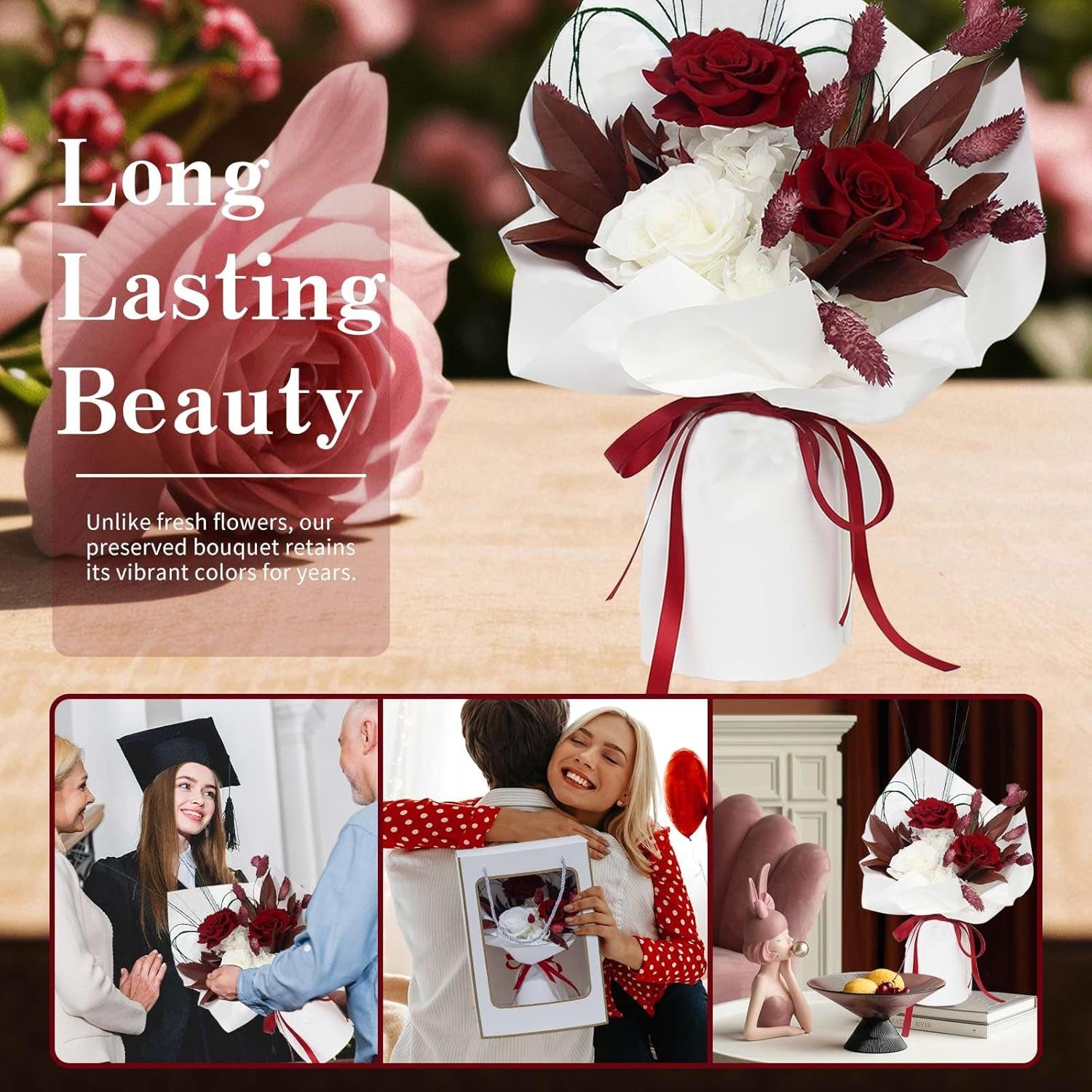 Preserved Flowers Bouquet, Long Lasting Real Roses, Valentine, Mother Day, Anniversary, Birthday Gifts for Women, Flowers for Delivery Prime, Low Maintenance, Gift Box and Vase Arrangement