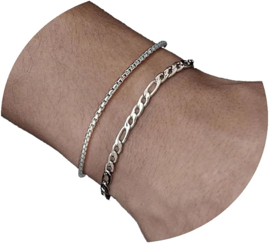 Silver Layered Chain Bracelets for Men, Size 7"/7.5"/8" Silver Rope Figaro Mens Bracelet Set Men Jewelry Gifts for Dad Boyfriend Husband