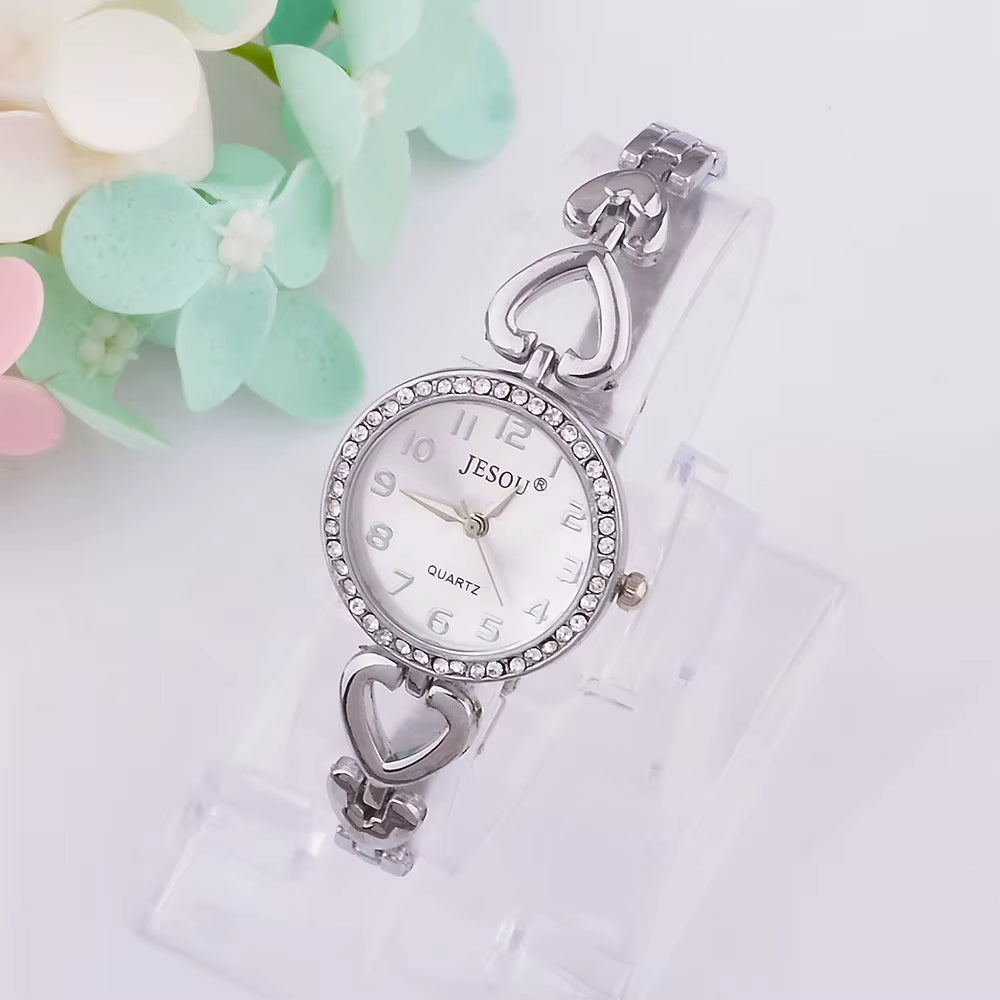 Women's Watch & Jewellery Gift Box – Silver Crystal Watch, Necklace, Ring & Earrings