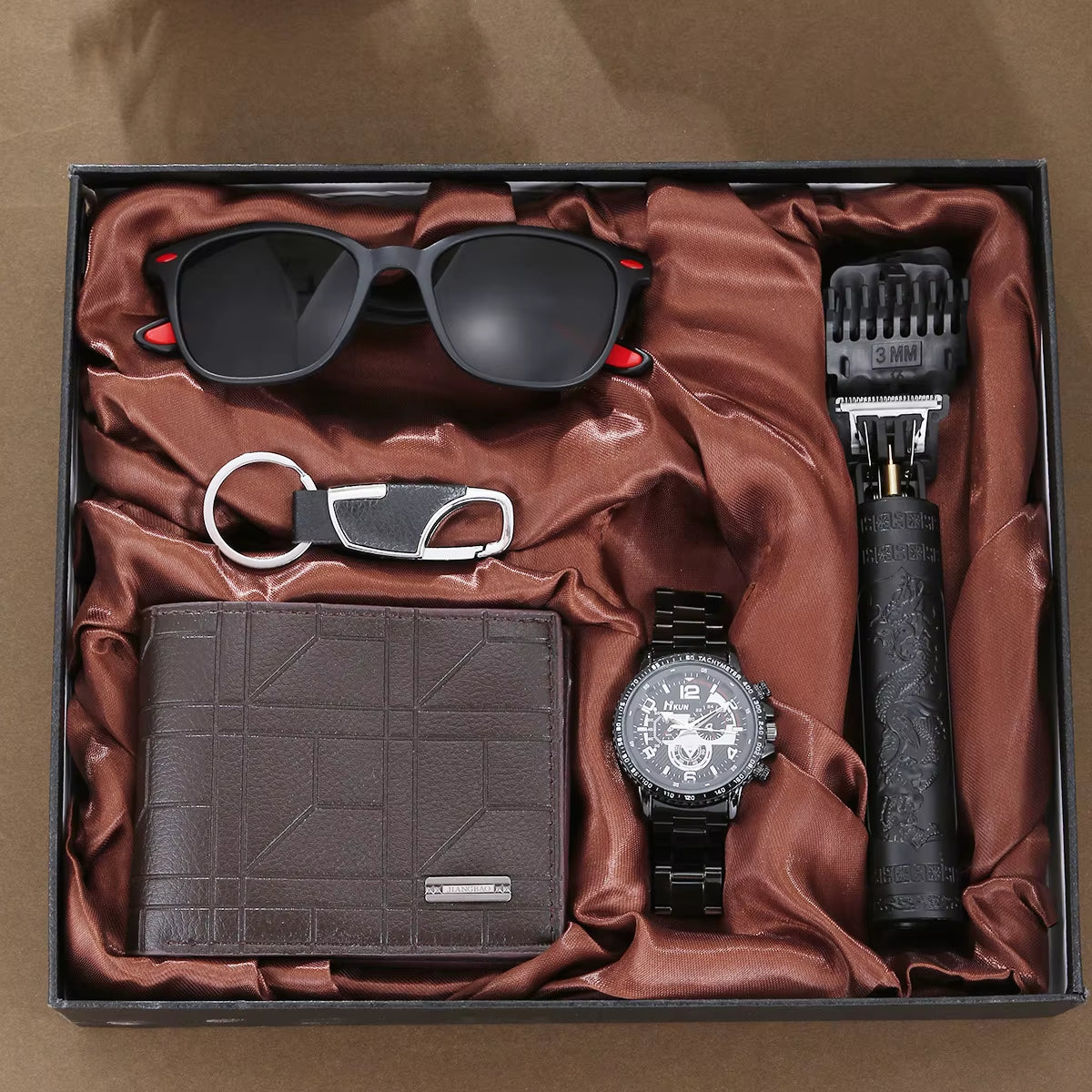 Men's 5-Piece Gift Box Set – Watch, Belt, Wallet, Hair Trimmer, Sunglasses & Keychain