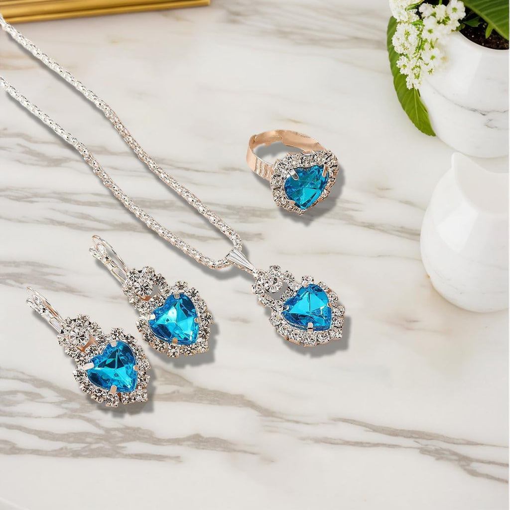 Jewelry Set for Women Love Heart Alloy Artificial Crystal Earrings Pendant Necklace Ring Wedding Party Prom Anniversary Birthday Engagement for Bridal Bridesmaid Girlfriend