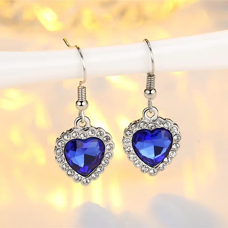 Women'S Bracelet Earring Necklace 3 Piece Set of Peach Heart Blue Crystal Zircon Jewelry Set Women'S Wedding Engagement Jewelry