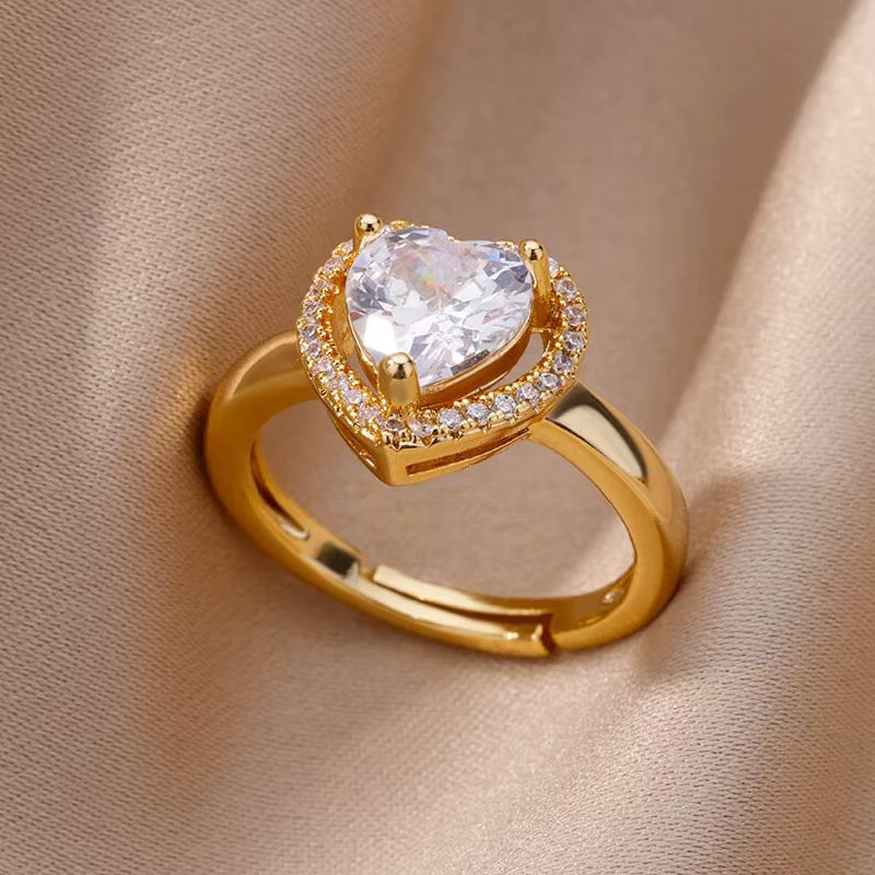 Stainless Steel Heart Rings for Women Zircon Gold Plated Heart Adjustable Ring Femme Wedding Party Accessories Jewelry Gift 2023