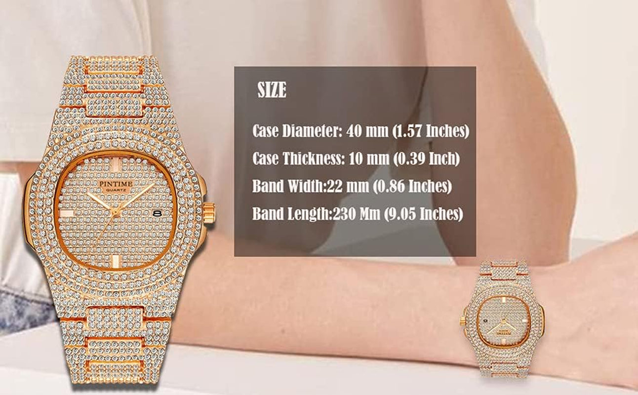 Men'S/Womens Unisex Crystal Watch Full Bling Iced-Out Cuban Watch Oblong Silver/Gold Wristwatch Hip-Hop Stainless Steel Bracelet Watch