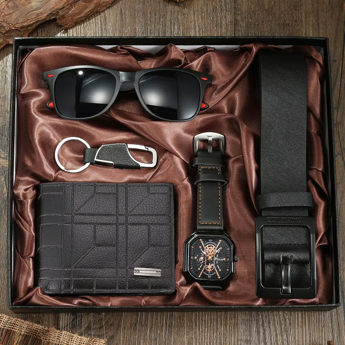 Men's 5-Piece Gift Box Set – Watch, Belt, Wallet, Hair Trimmer, Sunglasses & Keychain