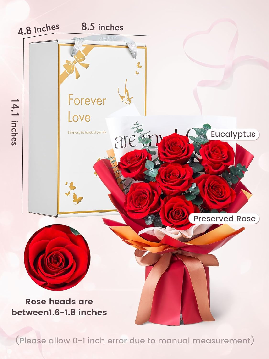 Roses Bouquet 7-Piece Forever Flowers Bouquet Gift for Her Women Wife Mothers Anniversary Birthday Wedding (Red Roses)