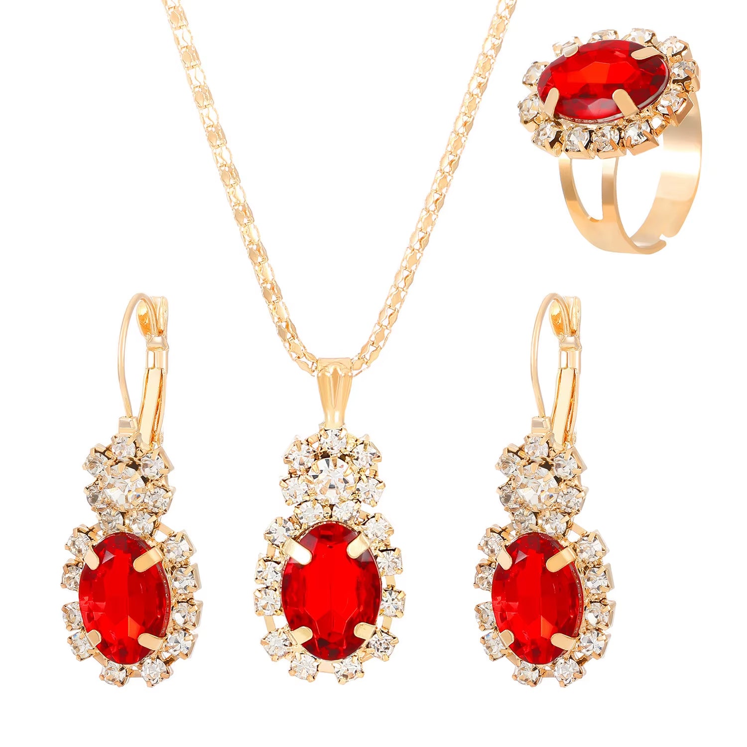 3Pcs Silver Oval Cut Cubic Zirconia Necklace Earrings Rings Set Trendy Banquet Daily Date Jewelry Set Gift for Women Girls Her