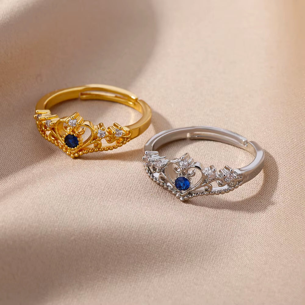 Blue Zircon Crown Rings for Women Stainless Steel Adjustable Crown Ring 2023 Trend Design Female Wedding Jewerly Free Shipping