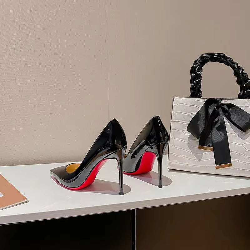 7Cm Black Red Sole High Heels Spring Pointed Toe Stiletto Heel Sexy Shiny Single Shoes Fashion Patent Leather Women'S Shoes
