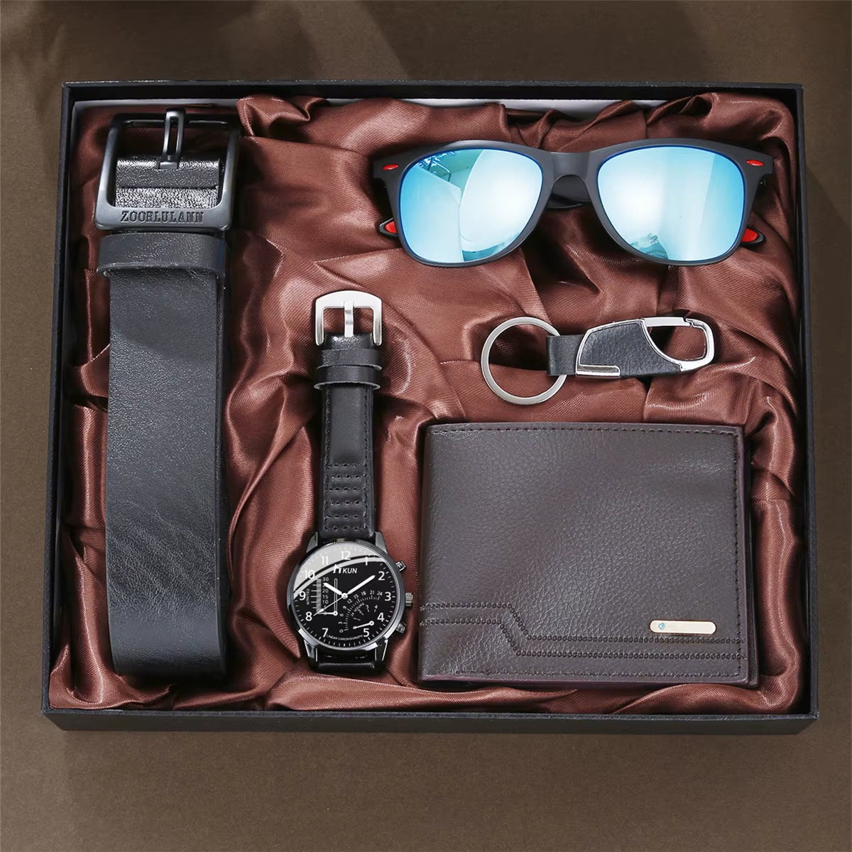 Men's 5-Piece Gift Box Set – Watch, Belt, Wallet, Hair Trimmer, Sunglasses & Keychain