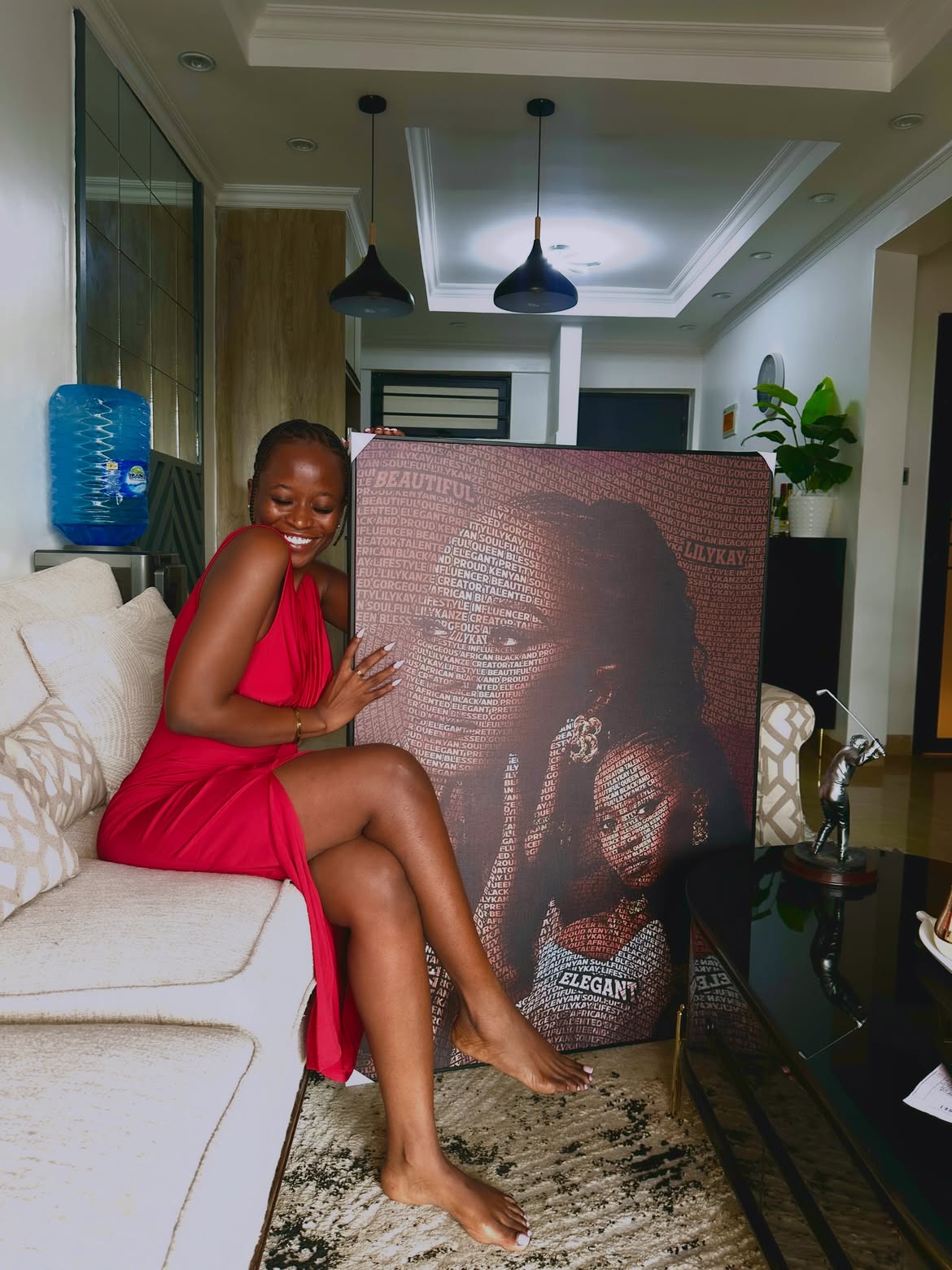 Customer displaying her personalized typography portrait