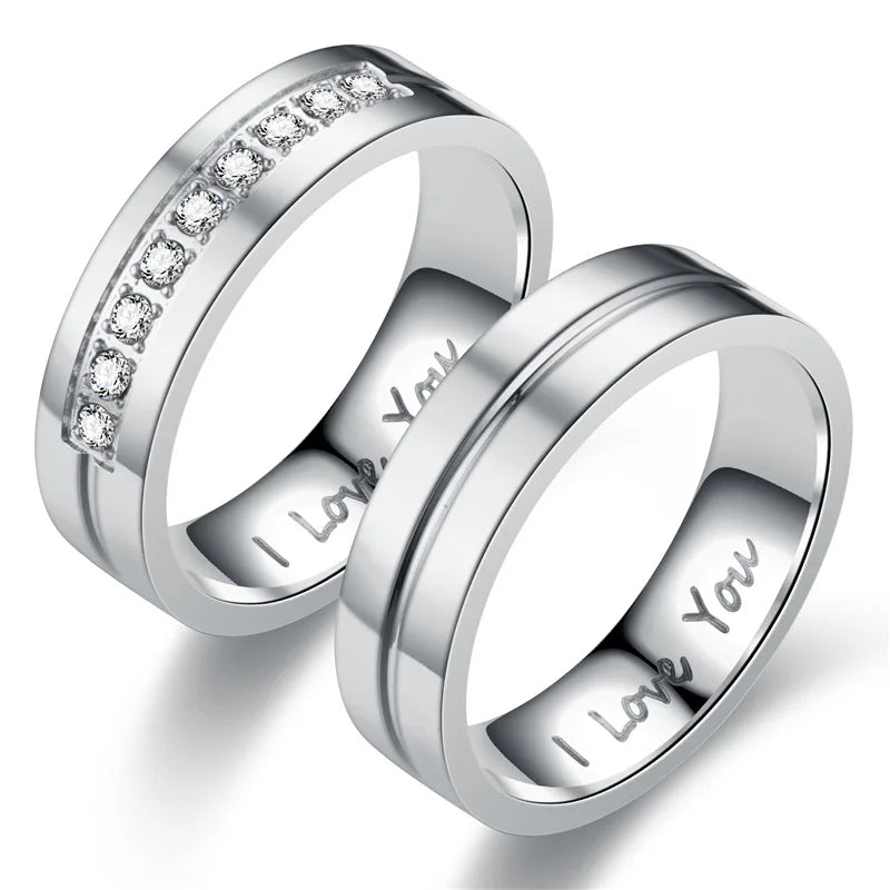 Fashion Stainless Steel Couple Engagement Rings for Women Men Crystal I LOVE YOU Ring 2021 Wedding Jewelry Gift