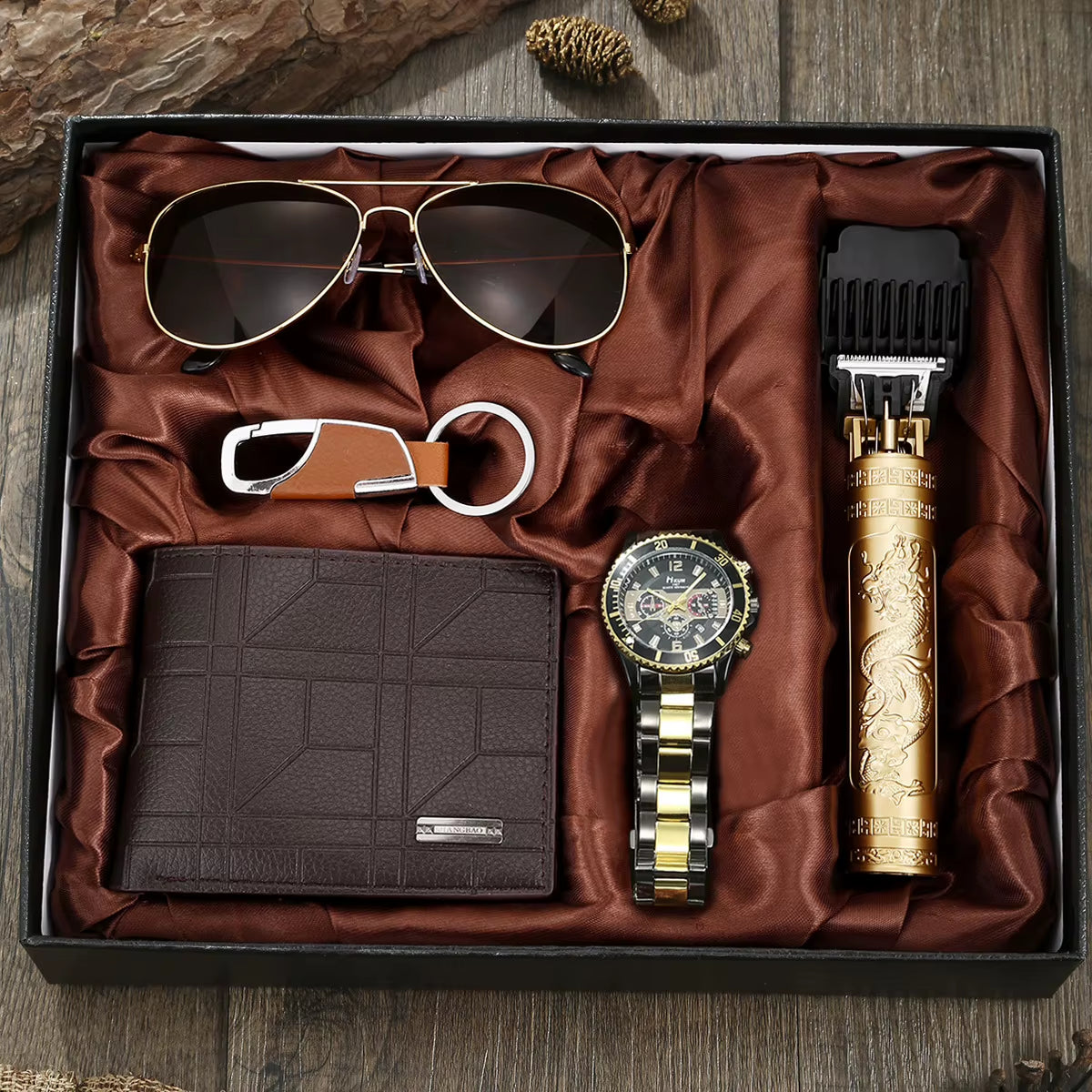 Men's 5-Piece Gift Box Set – Watch, Belt, Wallet, Hair Trimmer, Sunglasses & Keychain