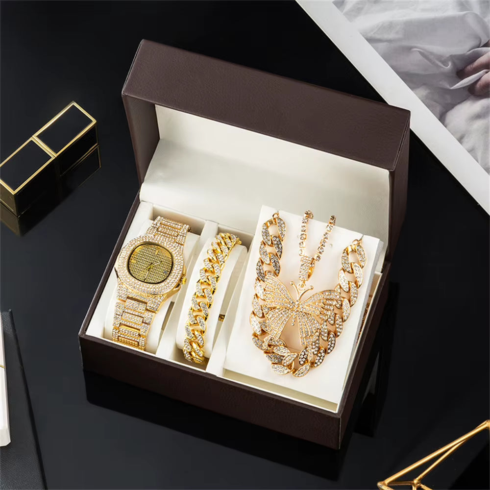 Women's Watch & Jewellery Gift Box – Gold Watch, Bracelet, Necklace & Cuban Chain Set