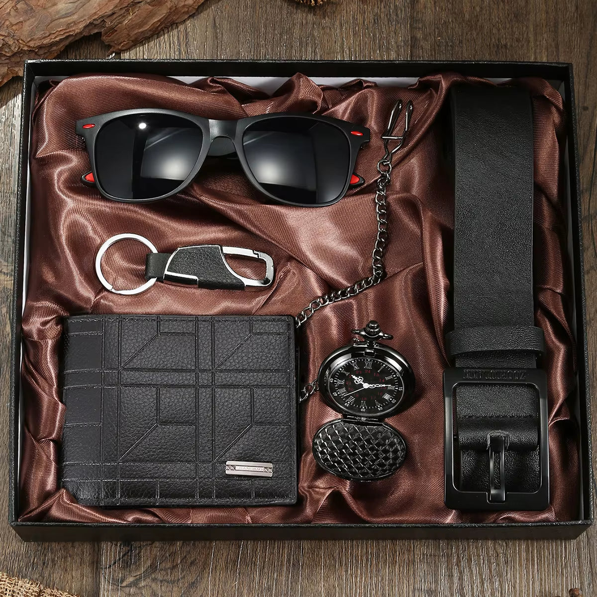 Men's 5-Piece Gift Box Set – Watch, Belt, Wallet, Hair Trimmer, Sunglasses & Keychain