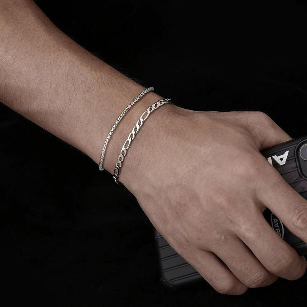 Silver Layered Chain Bracelets for Men, Size 7"/7.5"/8" Silver Rope Figaro Mens Bracelet Set Men Jewelry Gifts for Dad Boyfriend Husband