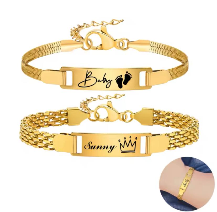 Customized Bracelet for Little Boy Girl, Stainless Steel Engraved Name Date Son Daughter Mom Baptism G image 0