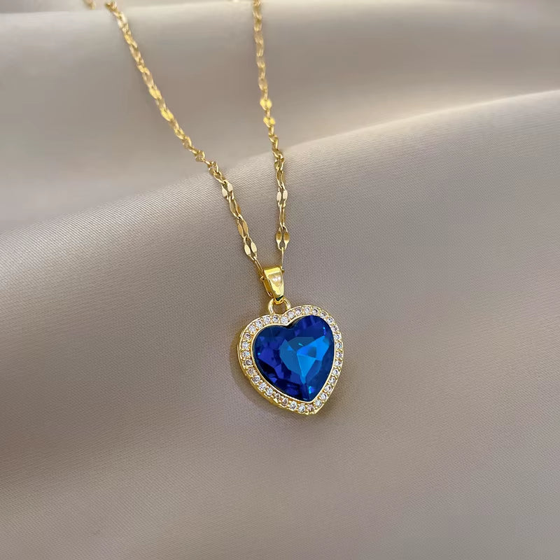 Women'S 316L Stainless Steel Heart-Shaped Pendant Necklace with Big Blue Zircon Fashion Clavicle Chain Jewelry Gift for Girls