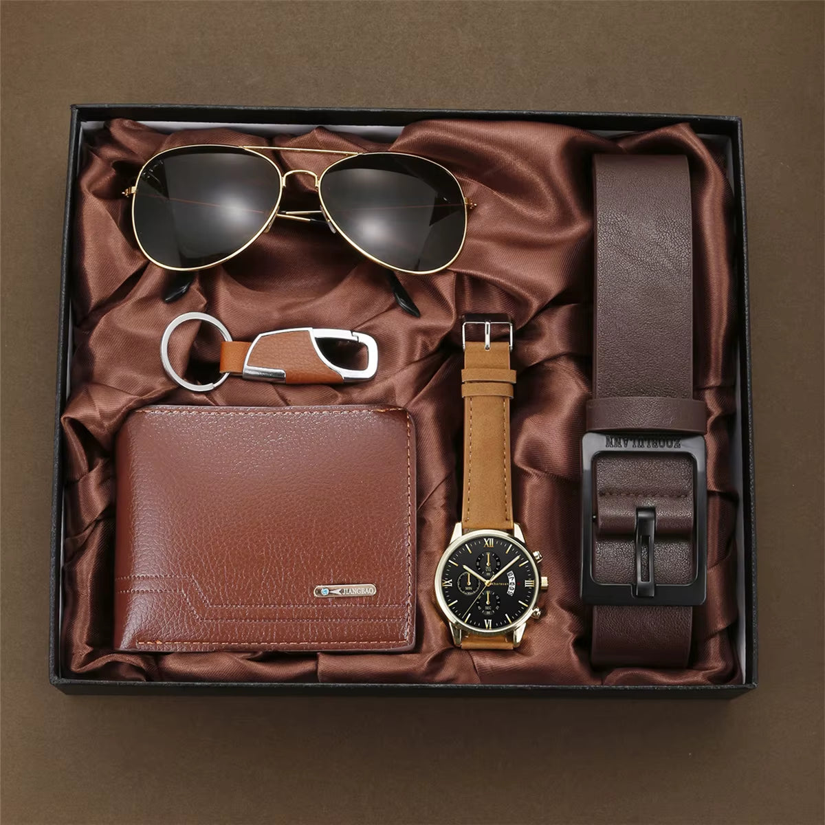 Men's 5-Piece Gift Box Set – Watch, Belt, Wallet, Hair Trimmer, Sunglasses & Keychain