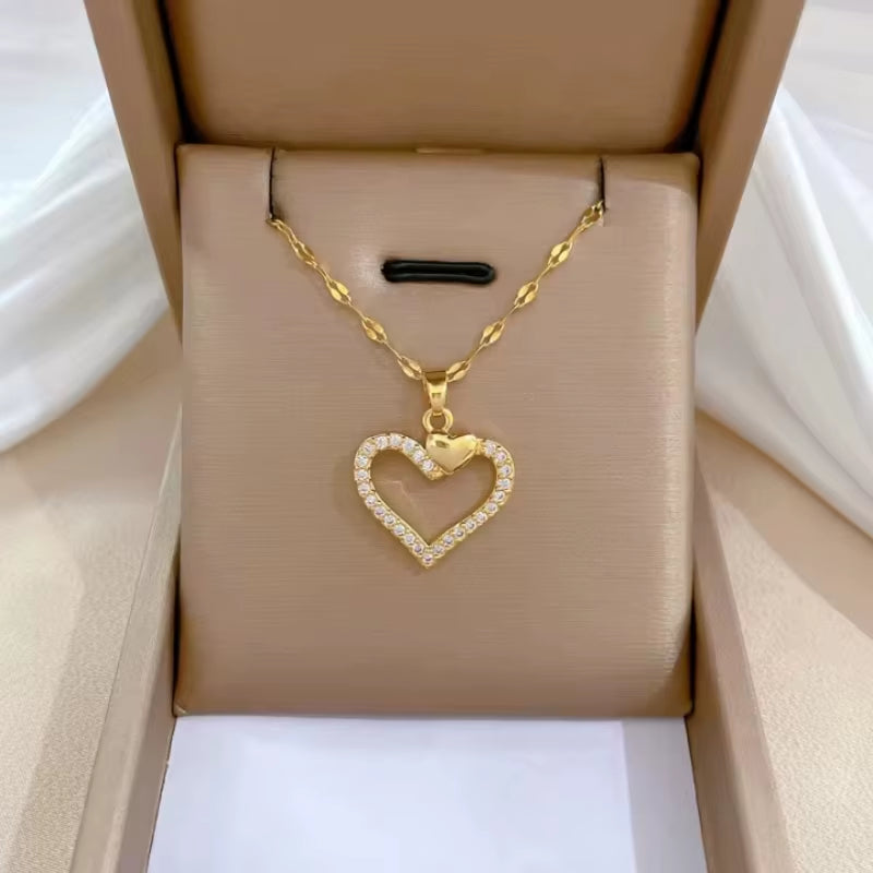 Trendy Heart Stainless Steel Zirconia Necklaces for Women Girls Love Gold Color Metal Necklace Party Birthday Daily Jewelry