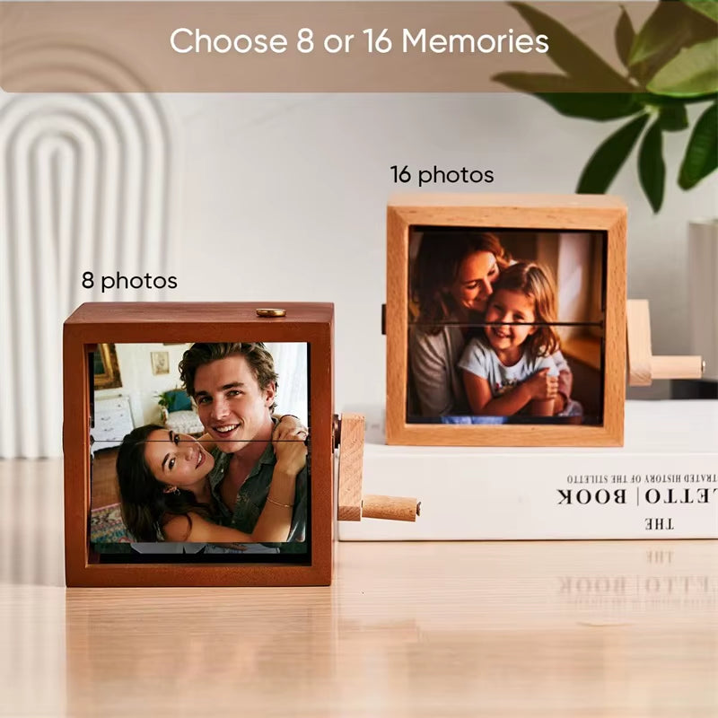 Custom Photo Flip Book Frame Photo Animation Box Hand-Cranked Photo Album Wooden Rotating Memory Box with Light Gift