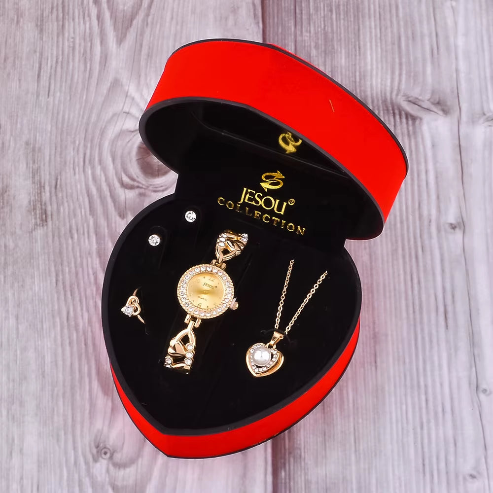 Women's Watch & Jewellery Gift Box – Silver Crystal Watch, Necklace, Ring & Earrings