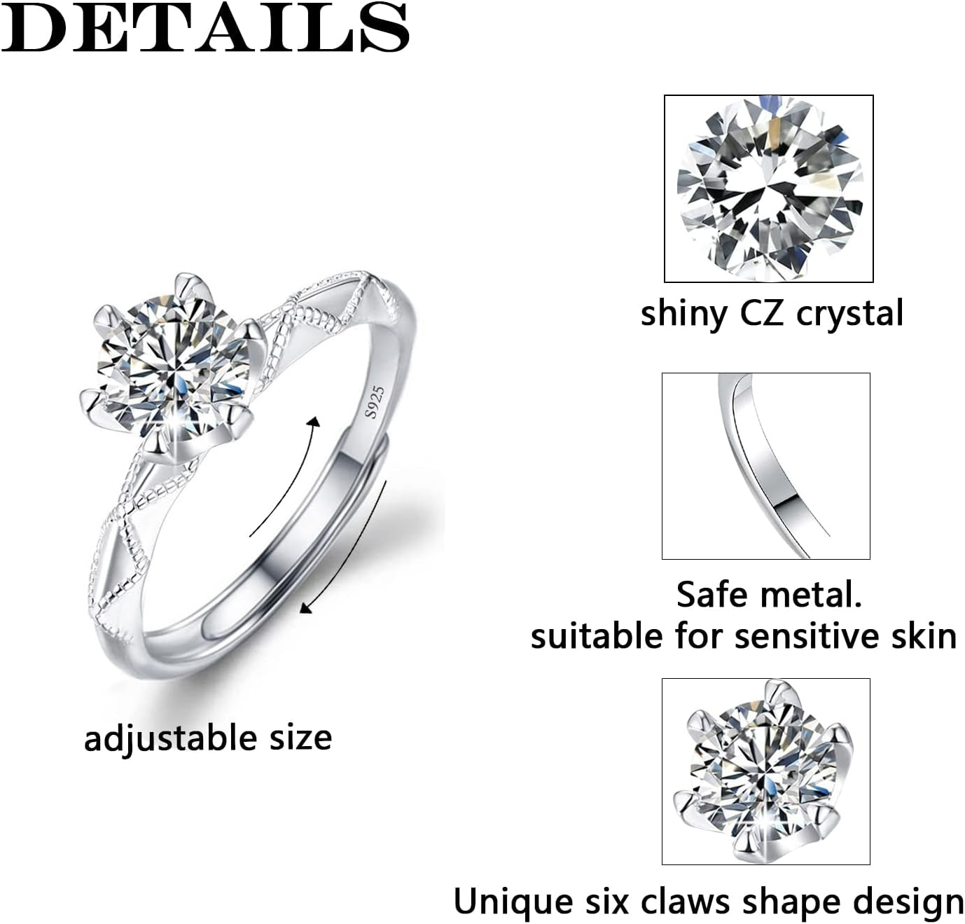 925Silver Moissanite Adjustable Engagement Ring, Promise Eternity Ring for Women,Wedding Rings,Jewelry Gift,Friendship Promise Fashion Jewelry Valentine Gifts for Women