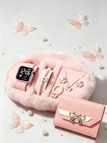 Girls' Pink Watch & Jewellery Gift Set – LED Watch, Butterfly & Pearl Accessories