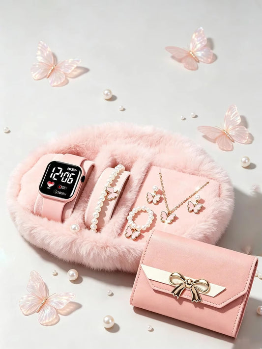 Girls' Pink Watch & Jewellery Gift Set – LED Watch, Butterfly & Pearl Accessories