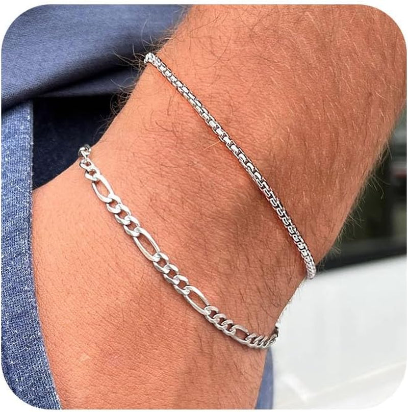 Silver Layered Chain Bracelets for Men, Size 7"/7.5"/8" Silver Rope Figaro Mens Bracelet Set Men Jewelry Gifts for Dad Boyfriend Husband