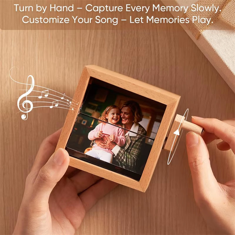 Custom Photo Flip Book Frame Photo Animation Box Hand-Cranked Photo Album Wooden Rotating Memory Box with Light Gift