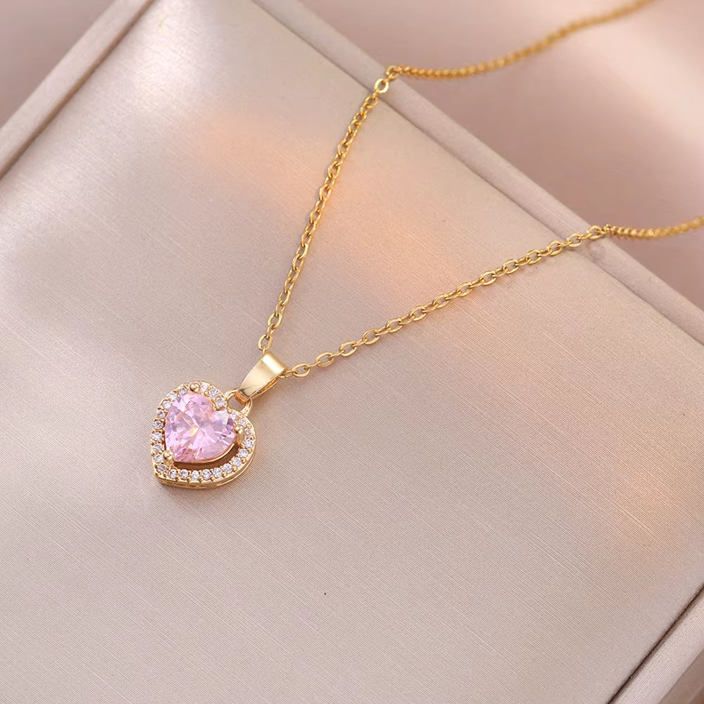 Stainless Steel Chain Pink Heart-Shaped Zircon Pendant Necklace for Women Lady Sweet Jewelry Accessories Gifts