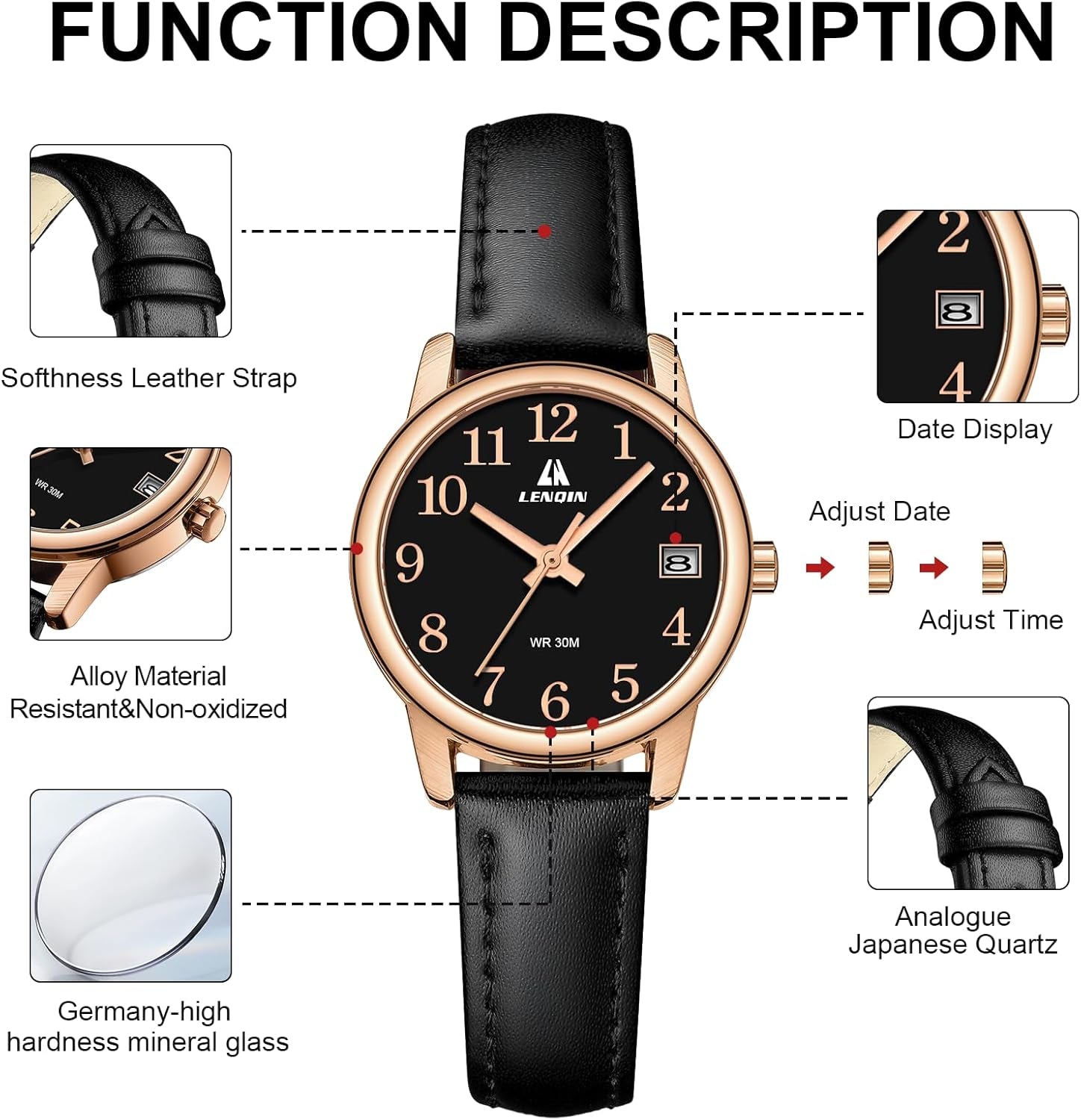 Womens Watch Analog Quartz Waterproof Ladies Watches for Women Easy Read Women'S Wrist Watches with Leather Strap Luminous Dial