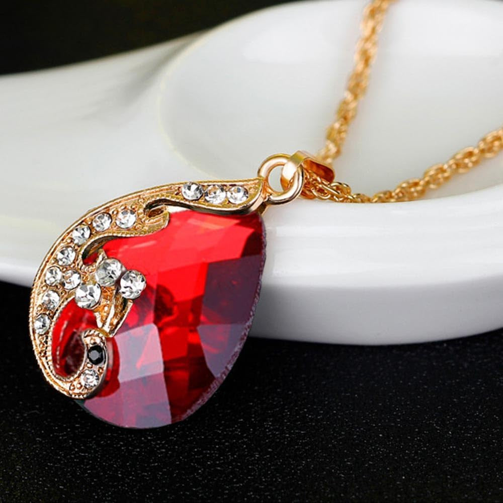 Women'S Gold Plated Teardrop Crystal Necklace, Rings and Earrings Jewelry Set (Red)