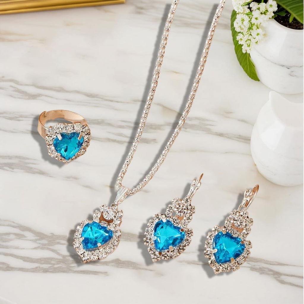 Jewelry Set for Women Love Heart Alloy Artificial Crystal Earrings Pendant Necklace Ring Wedding Party Prom Anniversary Birthday Engagement for Bridal Bridesmaid Girlfriend