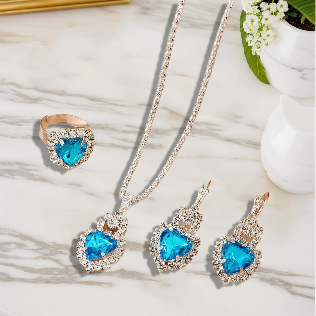 Jewelry Set for Women Love Heart Alloy Artificial Crystal Earrings Pendant Necklace Ring Wedding Party Prom Anniversary Birthday Engagement for Bridal Bridesmaid Girlfriend