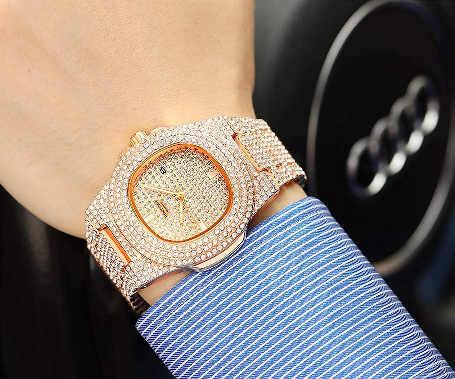 Men'S/Womens Unisex Crystal Watch Full Bling Iced-Out Cuban Watch Oblong Silver/Gold Wristwatch Hip-Hop Stainless Steel Bracelet Watch