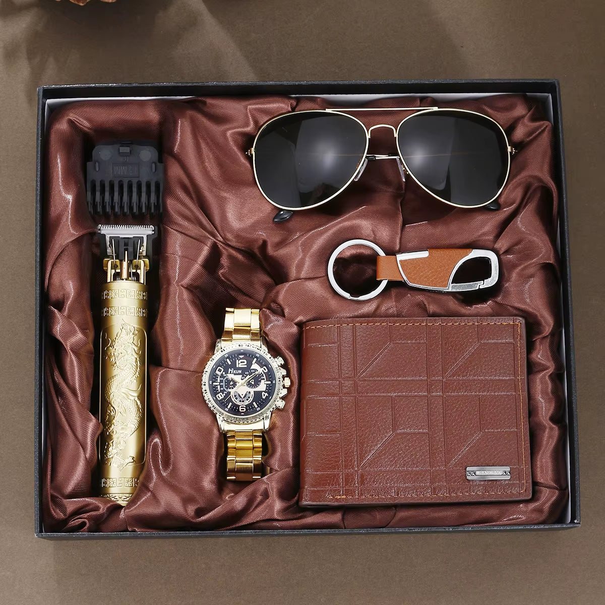 Men's 5-Piece Gift Box Set – Watch, Belt, Wallet, Hair Trimmer, Sunglasses & Keychain