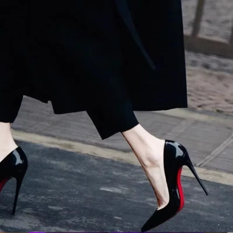 7Cm Black Red Sole High Heels Spring Pointed Toe Stiletto Heel Sexy Shiny Single Shoes Fashion Patent Leather Women'S Shoes