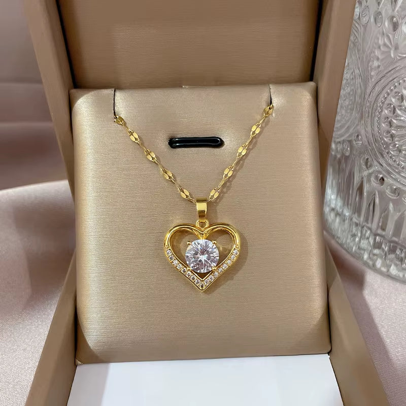Trendy Heart Stainless Steel Zirconia Necklaces for Women Girls Love Gold Color Metal Necklace Party Birthday Daily Jewelry