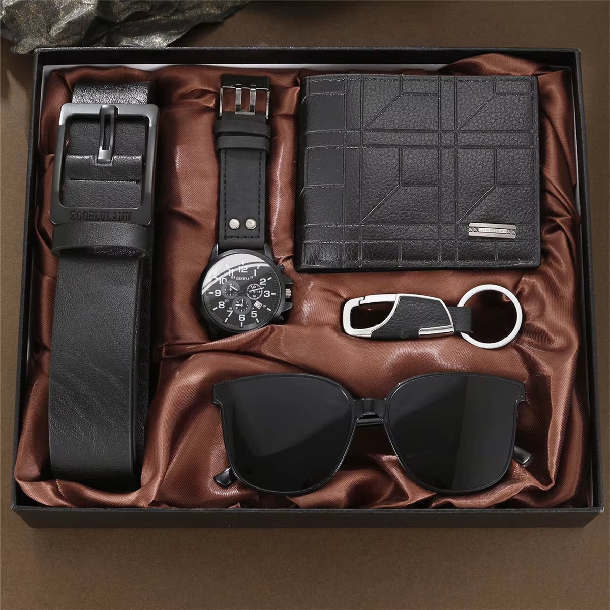 Men's 5-Piece Gift Box Set – Watch, Belt, Wallet, Hair Trimmer, Sunglasses & Keychain