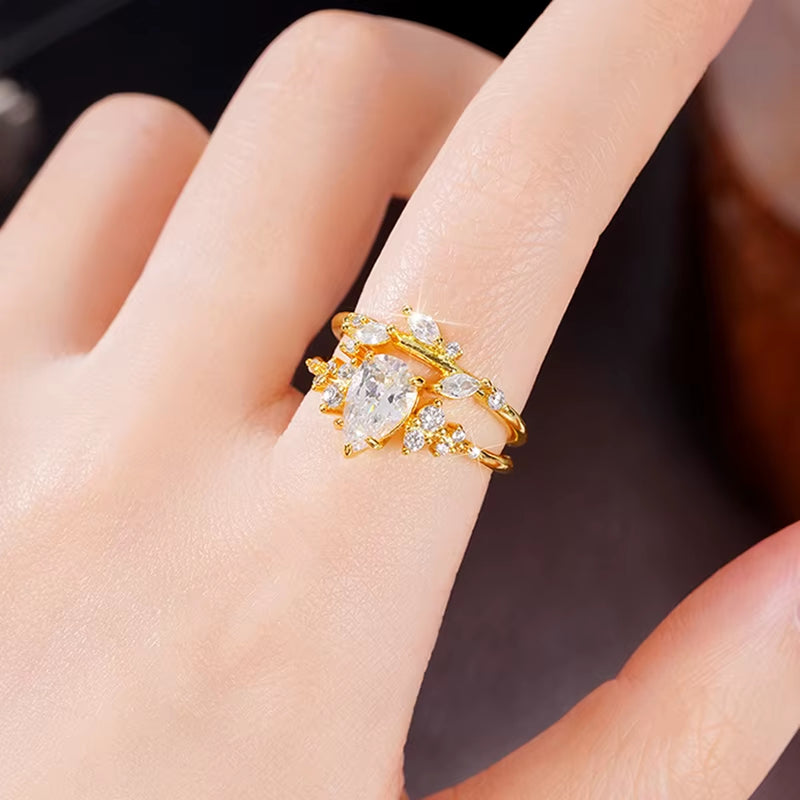 Trendy Bridal Sets Rings with Waterdrop Cubic Zirconia Romantic Women'S Accessories Anniversary Party New Luxury Jewelry
